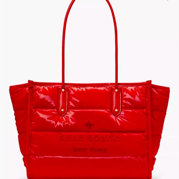 BNWT Kate Spade Ella X-Large puffy tote bag quilted CHERRY RED travel work - Picture 1 of 16